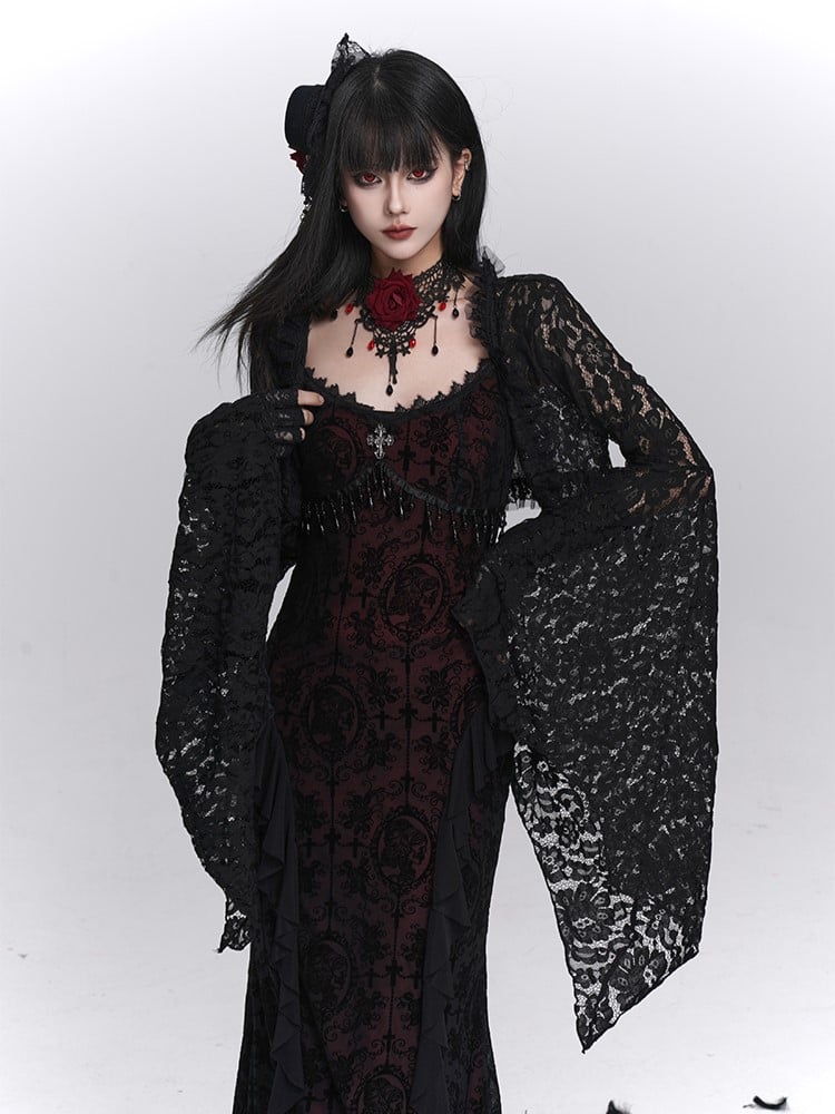 Black Shrug Embroidery Lace Crop Floral with Sleeves Bell Gothic Halloween
