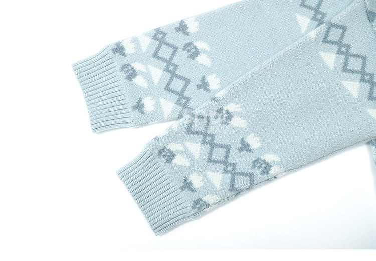 Blue Teddy Bears Pattern Round Neck Cozy Sweater