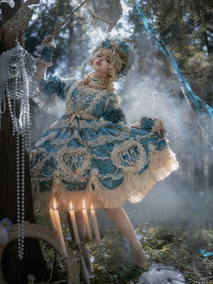 Floral Blue Edge with Hem Lolita Dress Print Scalloped Hime Lace
