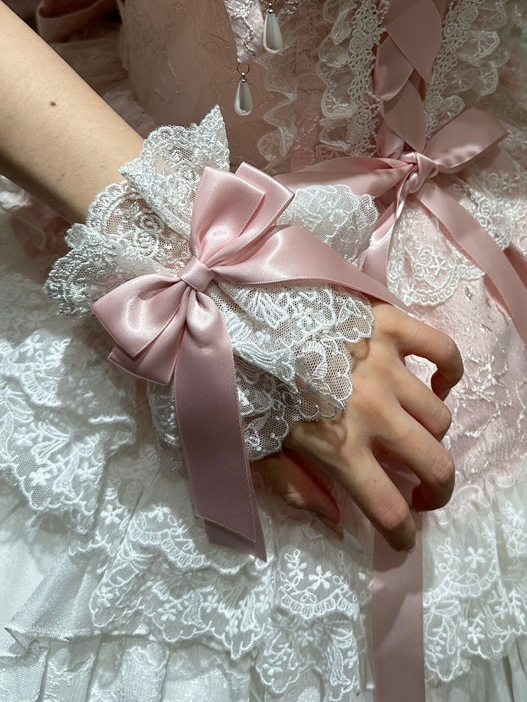 White Blue Pink Lolita Lace Wrist Cuffs with Bow Details - White Sugar Girl