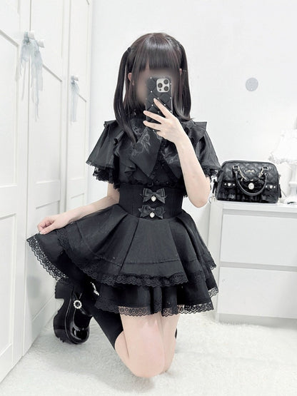 Black Jirai-Kei Lace Butterfly Sleeve Blouse with Hand-tied Bow - shirohato