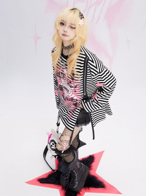 Black and White Y2K Star Graffiti  Zip Striped Loose Sweatshirt