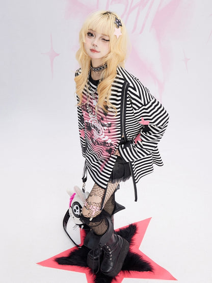 Black and White Y2K Star Graffiti  Zip Striped Loose Sweatshirt