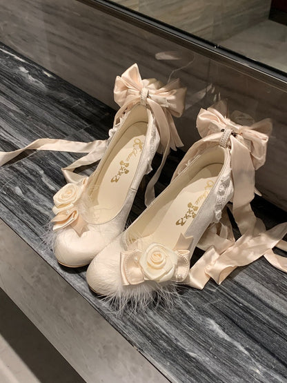Champagne Rose Theme Lolita Shoes with Lace-up Design - 9.5cm High Heel - Cheese Mango