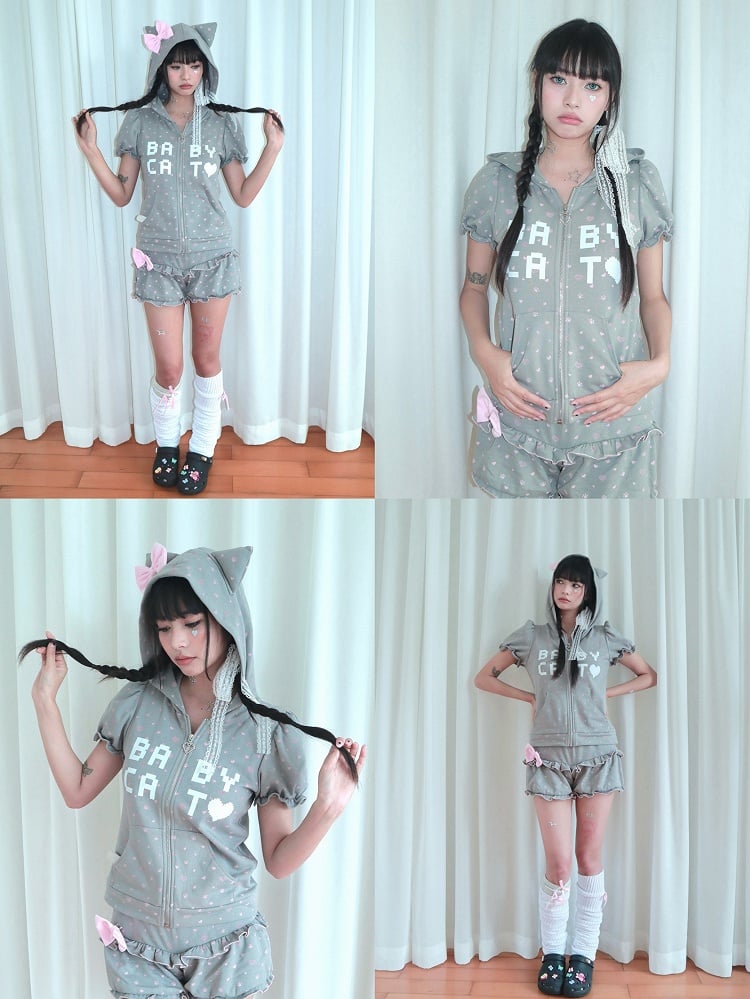 Light Cat-Ear Detachable Hoodie Large Zip-Front Bow Sleeve Gray with Puff