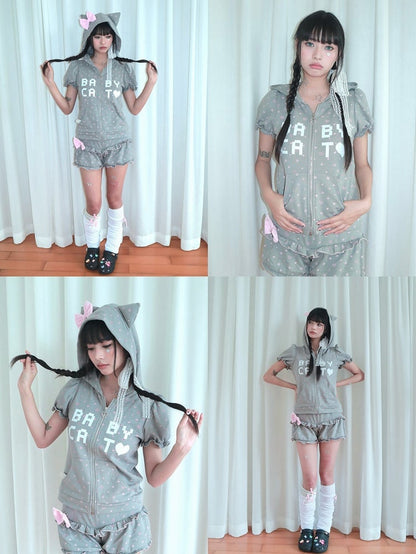 Light Cat-Ear Detachable Hoodie Large Zip-Front Bow Sleeve Gray with Puff