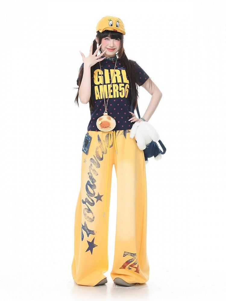 Star Letter Print Navy Yellow Tee - Languid Park