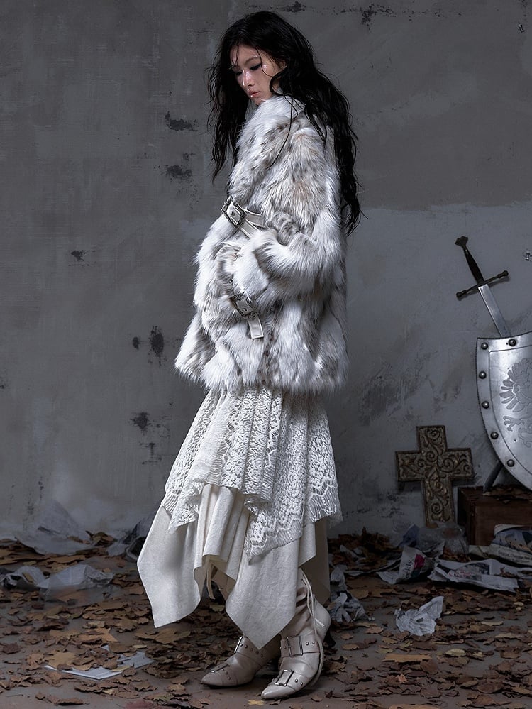 Brown Light Faux with Fur Lapel Wide Ivory Punk Coat PU Buckle Straps