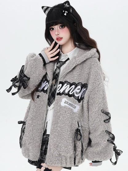 - Letter Jacket Black/ Gray Daily Hooded Kawaii Plush Pattern