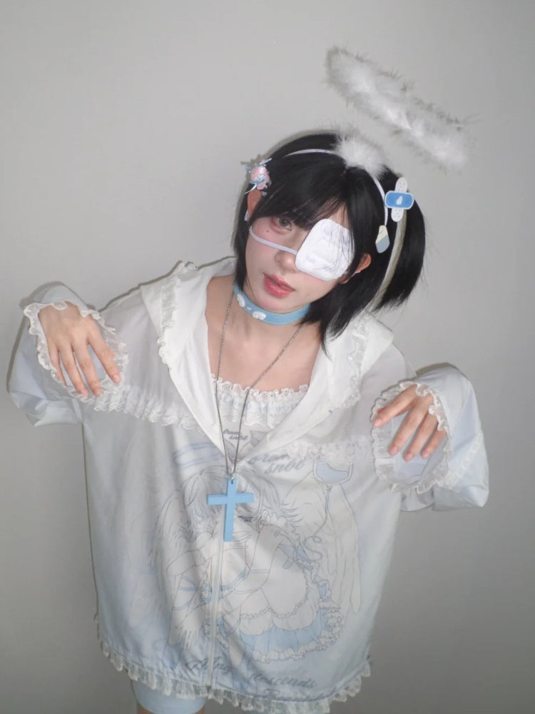 日焼け防止フード付き青と白のアニメガールプリントフリル裾ジャケットレース