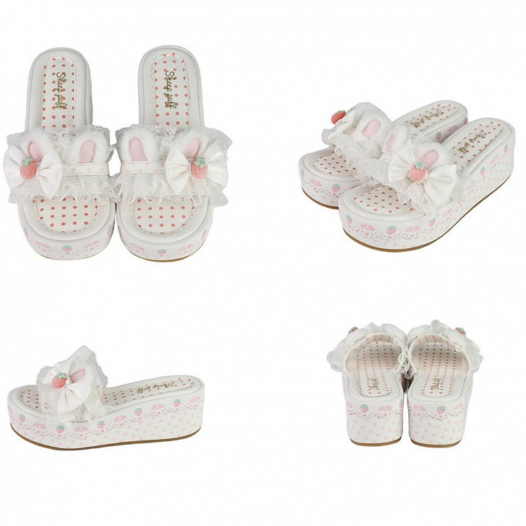 Lolita Lace White Accents Plush Sweet Bow Ear Platform Bunny Slippers Trim