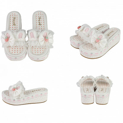 Lolita Lace White Accents Plush Sweet Bow Ear Platform Bunny Slippers Trim