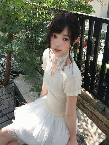 Fashion Skirt White Multi-Layer Lace Trim Seiso-Kei