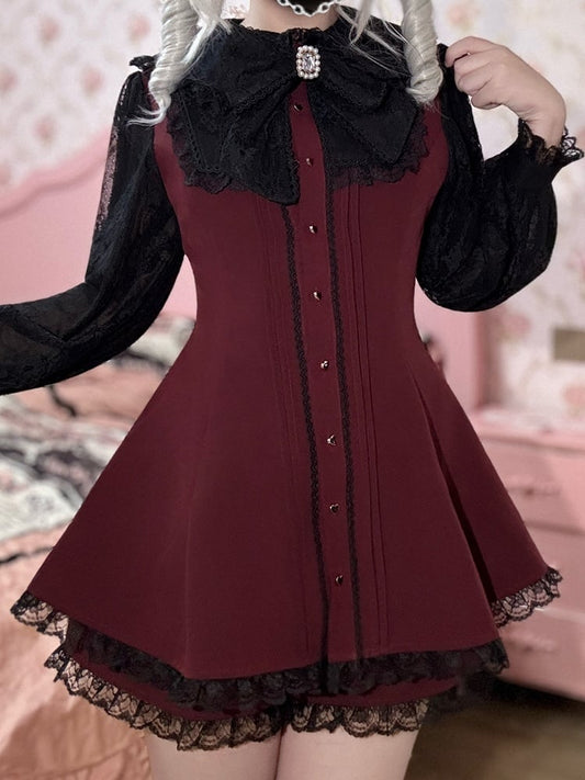 Red Matching Rebellion Sweetheart’s Sleeves Lace Mini Kei Dress: Black with Jirai Shorts