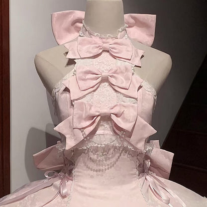 Set Accents Sweet Lolita Idol Pink Neck Bow Dress Halter Sakura / JSK Full