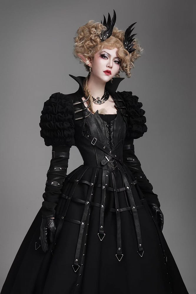 Black Gothic Lolita Jumper Dress with Birdcage Leather Straps & Rivets - FOXTROT