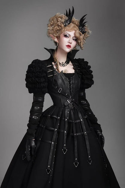 Black Gothic Lolita Jumper Dress with Birdcage Leather Straps & Rivets - FOXTROT