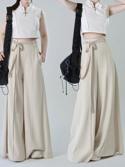 Back Zipper Waist Chinese Slash Pockets Discreet Beige at Front in Pants Wide-leg Style