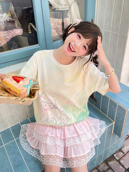 T-Shirt Hellgrün Rundhals Graffiti Lamm Print Lose