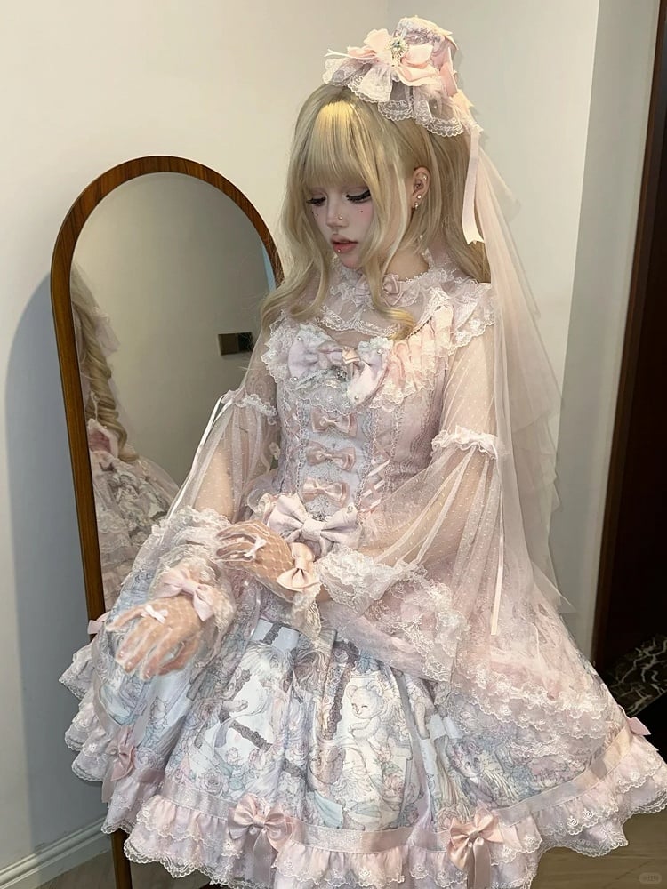 Sleeves Lolita Bell Sheer Lace-Trimmed Cuffs Top with Pink