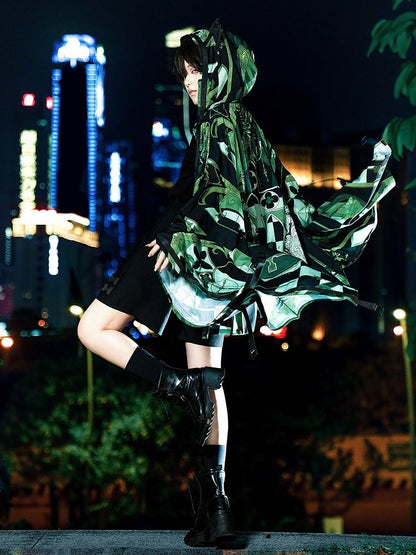 Ohren Riemchenmode Grün Cyberpunk Schnalle Kapuzentop Details Ouji Cat Techwear