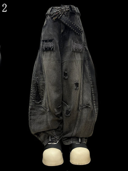 レタージーンズ 穴あきディテールカット ダークディストレストグレーアップリケ ワイドレッグ