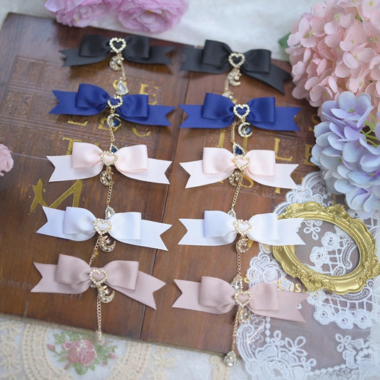 5 Bowknot Hairclips Charm Moon Rhinestone Colors with Teardrop Jirai Kei