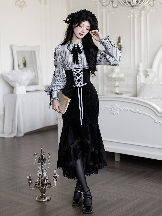 Blouse Mermaid Fake Black Pieces Two Waist and Lolita Skirt Boned Design Dress Striped