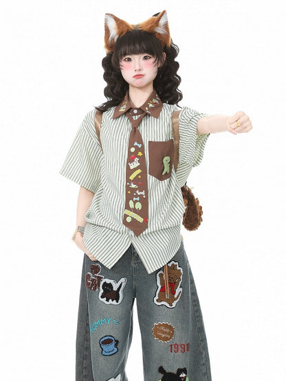 Green Striped Puppy Embroidered Tie Shirt - Languid Park