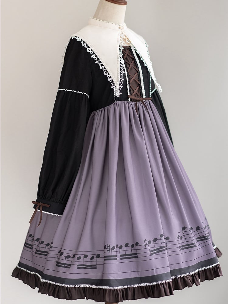 Musical Note Purple Autumn Lolita Long Sleeves Dress with Separate Pointed Collar