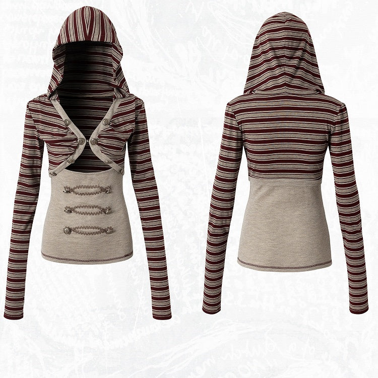 Red & Brown Striped V-Neck Hooded Knit Top with Long Sleeves & Faux Two-Piece Punk Style - NO ROMANCE