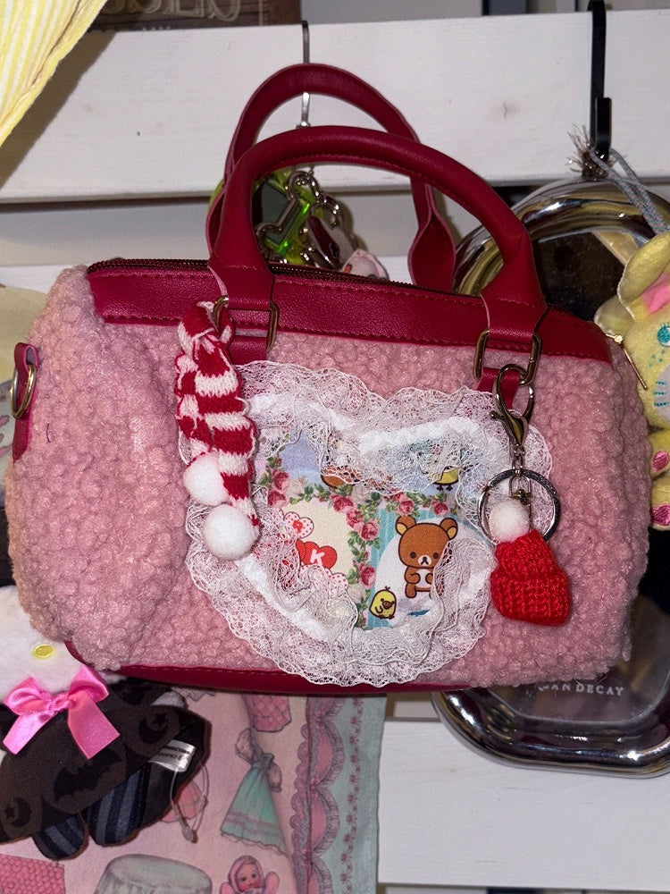 Retro Plush Crossbody Bag with Heart Lace Trim - Black Cherry Sauce