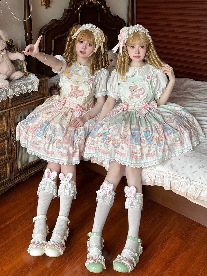 Kleid Grün Teddy Spielzeug Overall Süß und Plüsch Print Lolita Bunny