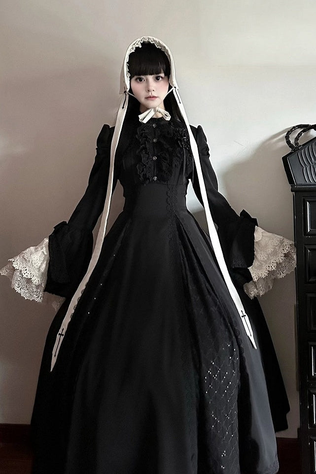 Gothic Black and White Widow Lace Princess Sleeve Faux Two-Piece Long Dress