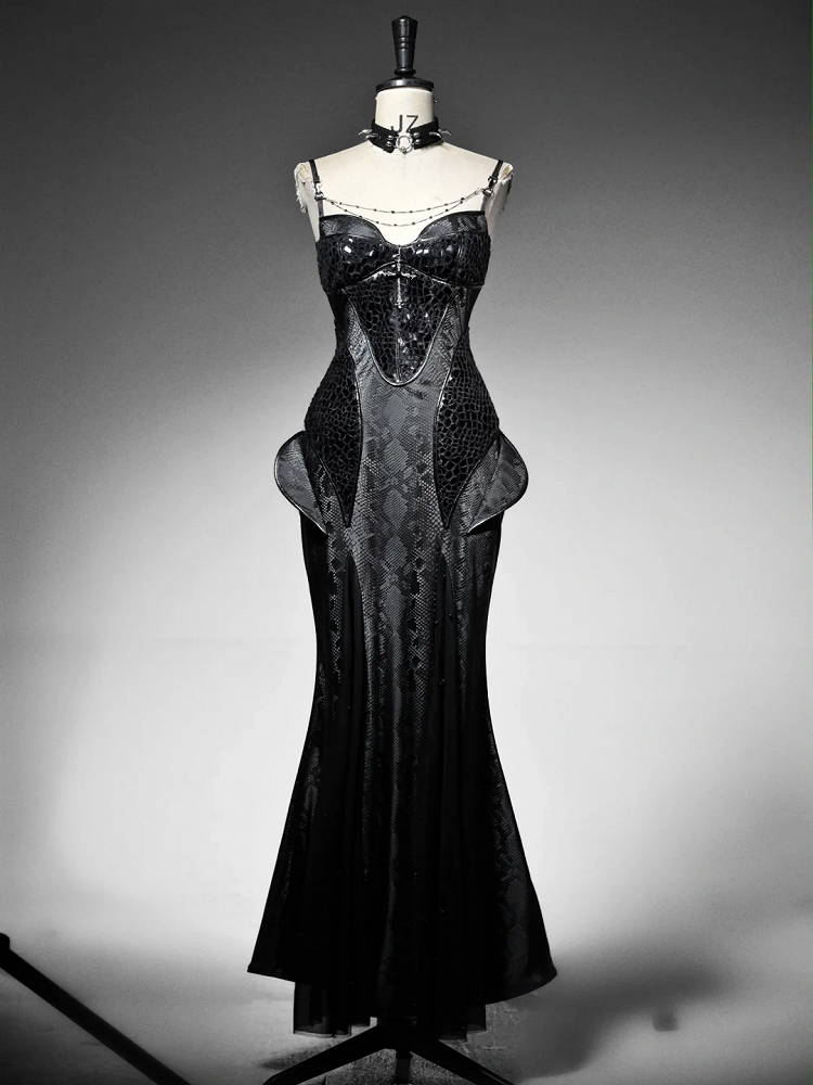 Black Victorian Bustier Bodice Spaghetti Straps Dress Evening Gown Mermaid Dress