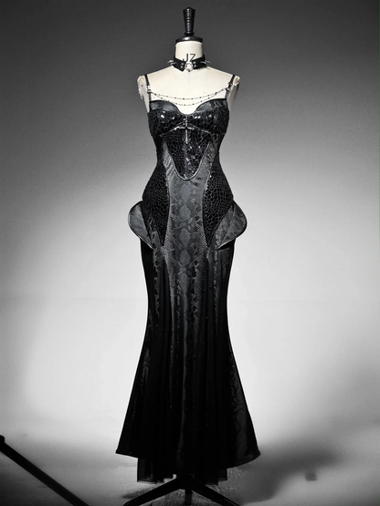 Black Victorian Bustier Bodice Spaghetti Straps Dress Evening Gown Mermaid Dress