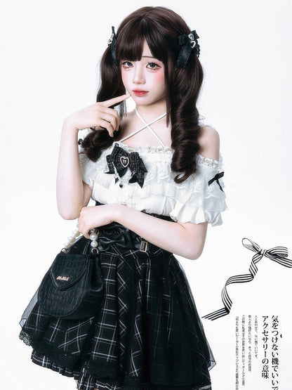 Black Bowknots White Off-the-shoulder Neckline Top Jirai Kei Style with