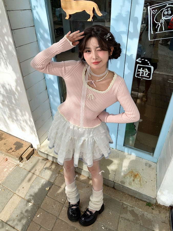 Rosa Strickoberteil mit Rundhalsausschnitt und schmaler Passform