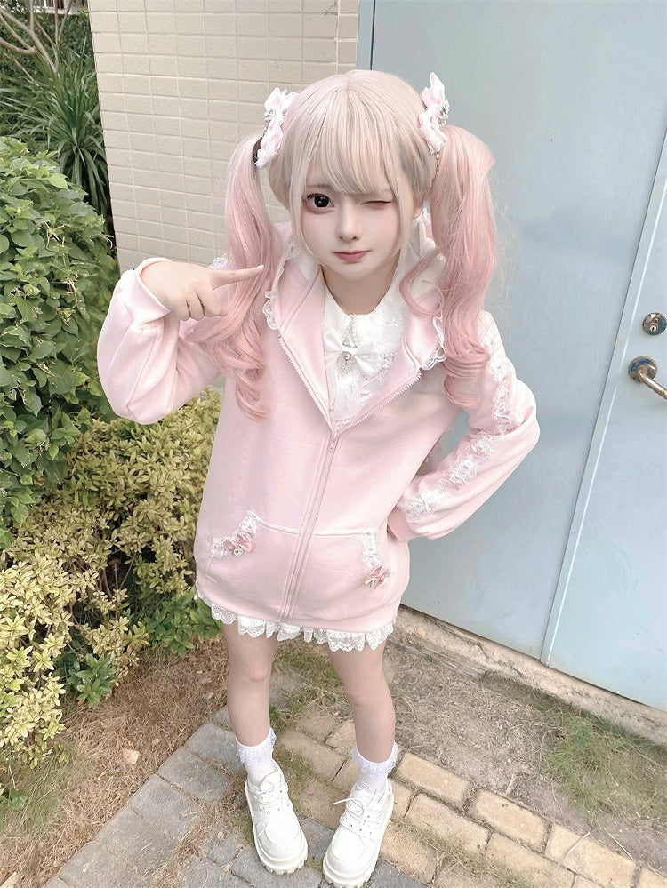 Style Hoodie Bow Zip-up Lace Jirai | Light with Pink Ears Kei Details and Bunny