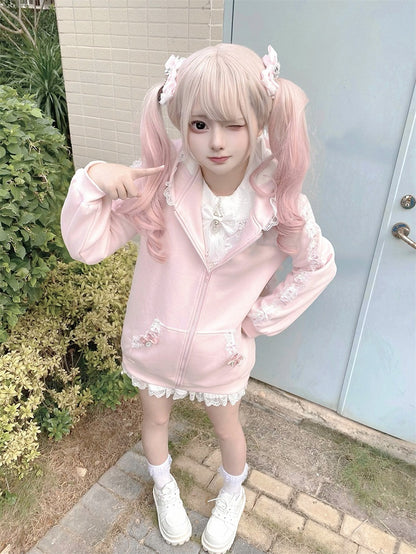 Style Hoodie Bow Zip-up Lace Jirai | Light with Pink Ears Kei Details and Bunny