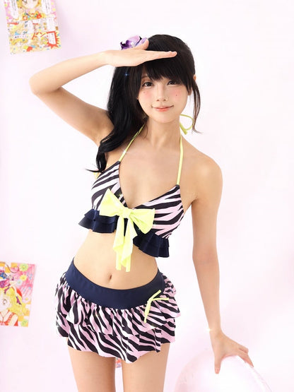 Skirt Top Pink  Blue Zebra Print Padded Ruffle Gyaru Bikini Swimsuit with Padded Hime