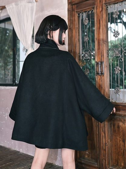 Cape Placket Banded Black Gothic Coat Button - Embroidery Collar Goldfish Single-breasted