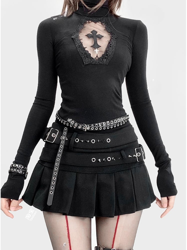 Top Schwarz Glamourös Gothic Hals Detail Cutout Kreuz Hoch Y2K