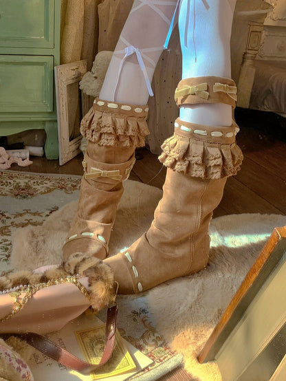 with Ruffles Mid-calf Leg Accents Garter Pair of Trim - Vintage A Pointed Brown Boots Toe Bow