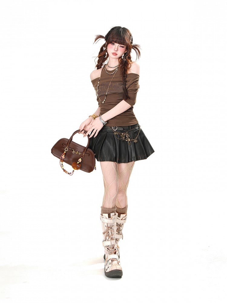 Aprikose/Schwarz/Kaffeefarbenes Neckholder-T-Shirt mit Cut-Outs an den Schultern und Buchstaben