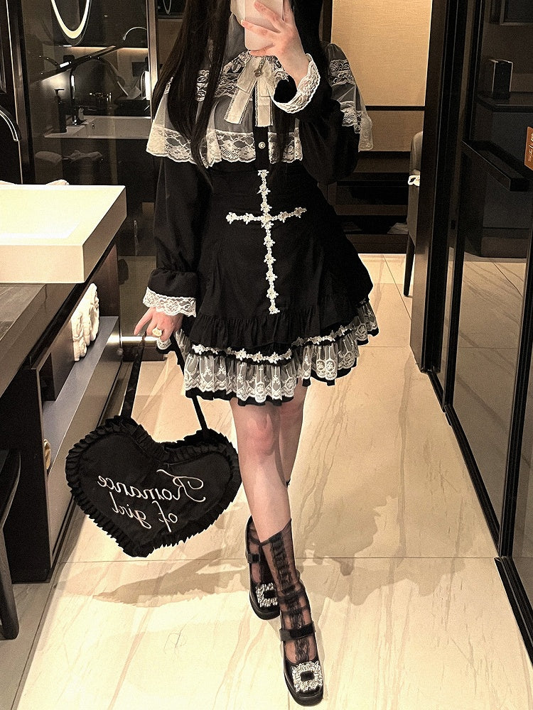 Skirt Rose Cross Landmine White/Black/Pink Embroidery Jirai Hem High Style Kei Lace Waist