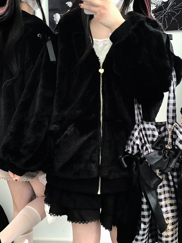 自来也 ピンク バニー耳 フード 地雷風 ぬいぐるみ ジップパーカー