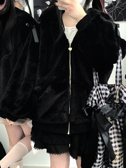 自来也 ピンク バニー耳 フード 地雷風 ぬいぐるみ ジップパーカー