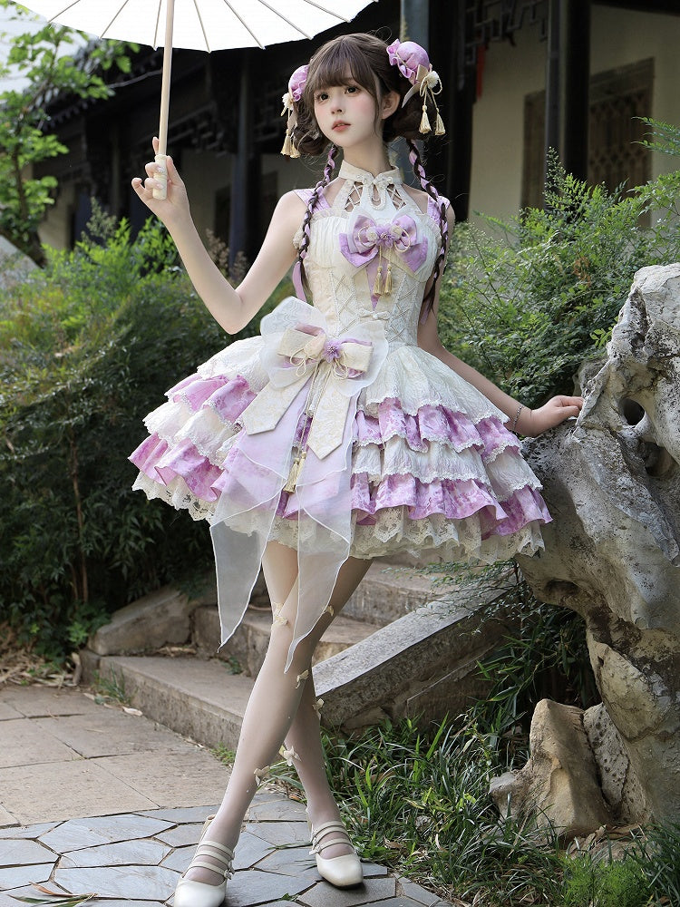 スカートドレス ロリータ ホルターネック バスク ウエスト取り外し可能 Qi パープル ティアード