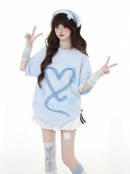 デザインアームウェアフリーハート型レースホワイト/ライトブルーTシャツ
